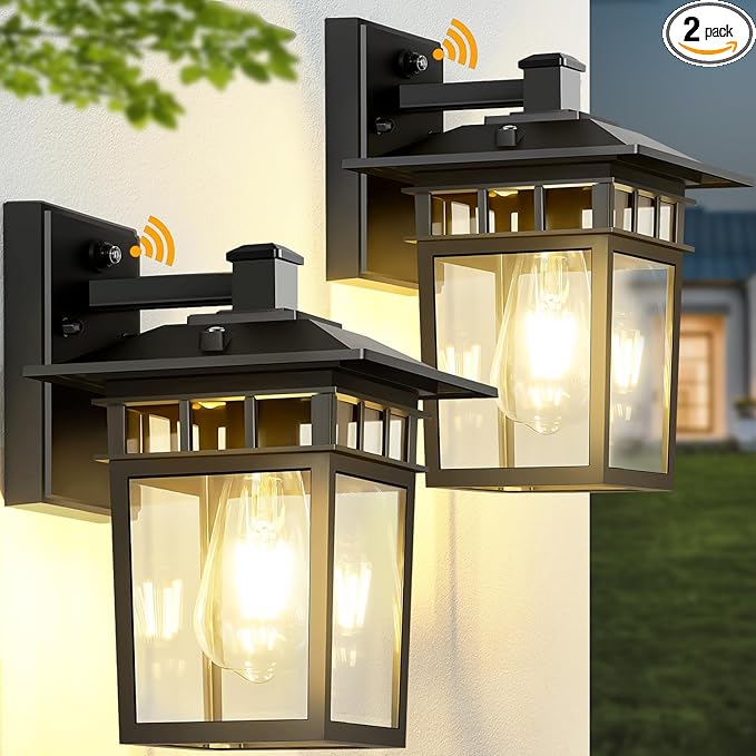 Dusk to Dawn Outdoor Wall Lights, Black Porch Lights with Rust-Resistant Aluminum & Tempered Glass, Exterior Lighting Fixtures 10.4" 2-Pack for House Patio Garage Front Door