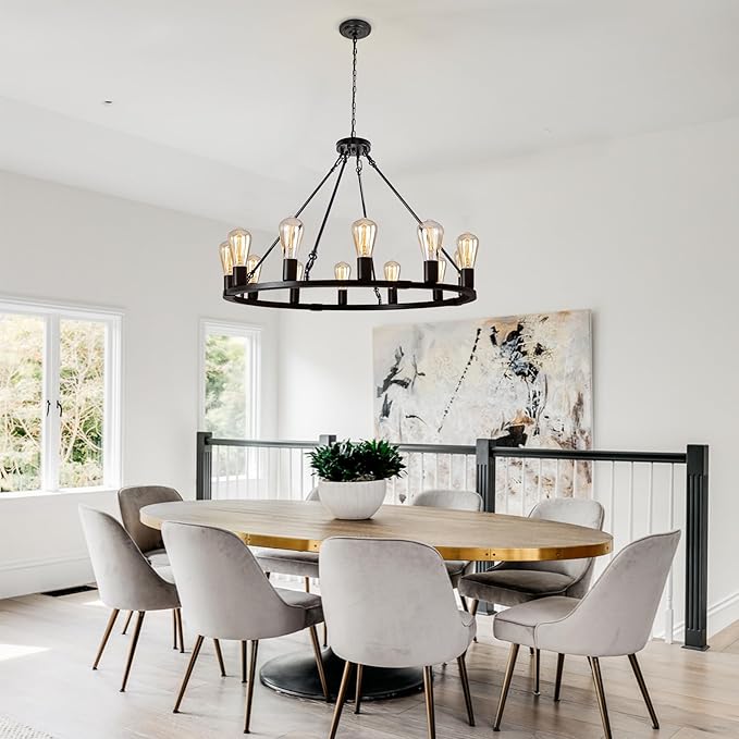 31.5" 12 Lights Wagon Wheel Chandelier, Black Round Rustic Industrial Vintage Farmhouse Chandeliers for Dining Room Foyer Living Room Kitchen Island