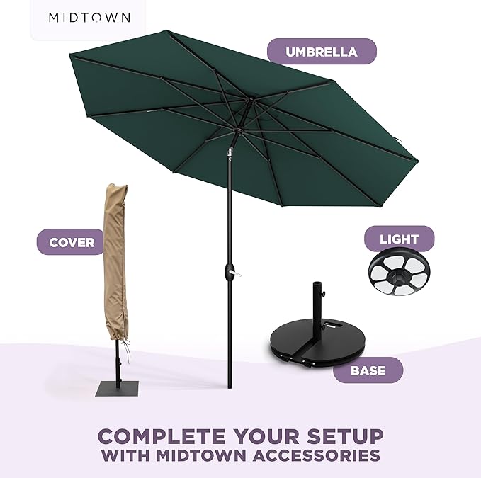 Midtown Umbrellas - 10-Year-No-Fade 10 Ft Patio Umbrella with Terylast Fabric, Auto-Tilt Aluminum Frame and 8 Reinforced Ribs for Deck, Pool, Garden & Beach - Forest Green Canopy, Black Pole