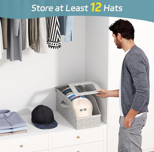 AOODA Stackable Hat Storage for Baseball Caps, Holds up to 12 Caps Hat Organizer for Closet, Sturdy Hat Boxes for Men with Cardboard, Grey