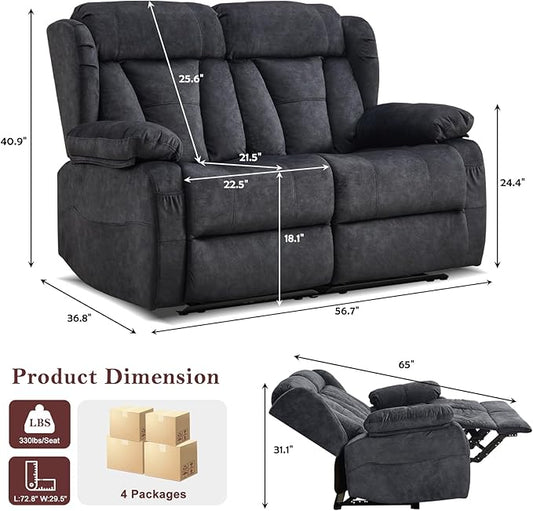 56.7" Manual Reclining Loveseat Sofa - Double Loveseat Recliner Chair with Side Pockets for RV Couch/Motorhomes/Living Room (Gray, Loveseat)