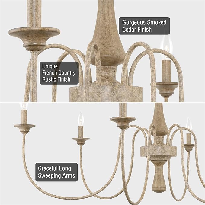 Kira Home Sherbrooke 44" Large Chandelier, 6-Light French Country Chandelier, Smoked Cedar + Rustic Metal Finish