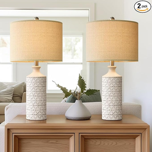 PoKat 24'' Lamps for Night Stands, Ceramic Table Lamps for Living Room, Modern Nightstand Lamps Set of 2, Bedroom Lamps for Bedside End Table, Bedroom, Living Room, White