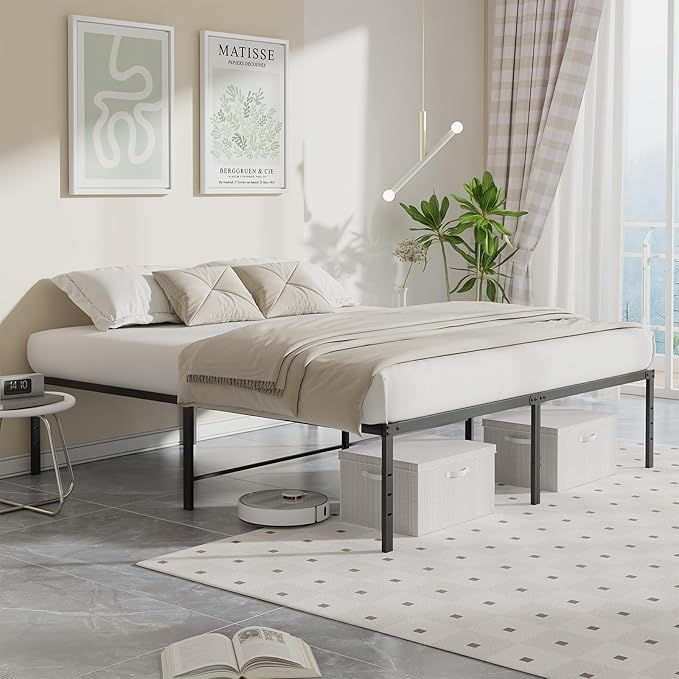 Sweetcrispy Queen Size 16 Inch Platform Bed Frame, Heavy Duty Metal Foundation Frame, Noise-Free Sturdy Steel Slats, Underbed Storage, No Box Spring Needed, Quick Setup