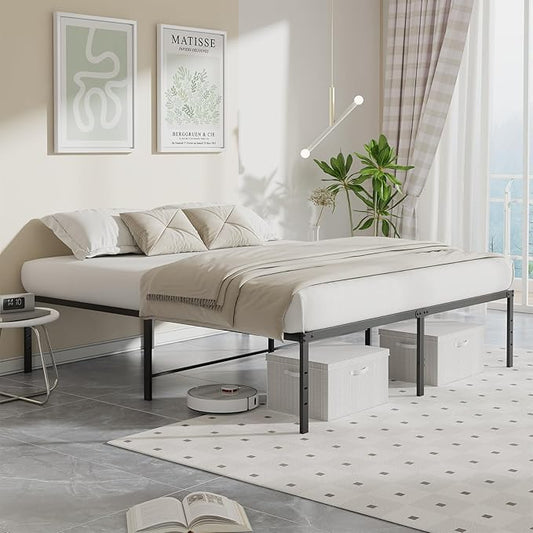 Sweetcrispy Queen Size 16 Inch Platform Bed Frame, Heavy Duty Metal Foundation Frame, Noise-Free Sturdy Steel Slats, Underbed Storage, No Box Spring Needed, Quick Setup