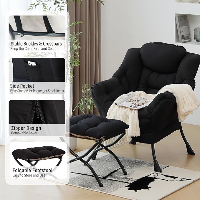 Lazy Chair with Ottoman, Modern Chair with Folding Footrest, Black Accent Chair, Comfortable Reading Chair, Oversized Armchairs for Bedroom, Study, Living Room, Courtyard