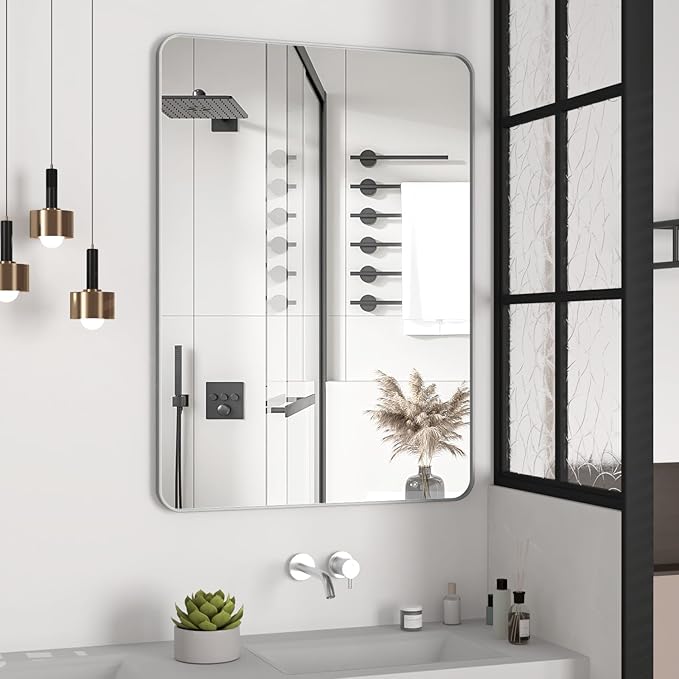Manocorro Bathroom Mirror,29x40 Inch Wall Mirror Rectangular with Aluminum Alloy Frame, Rounded Corner Hanging Mirror Decor for Entryway, Bedroom, Living Room, Silver