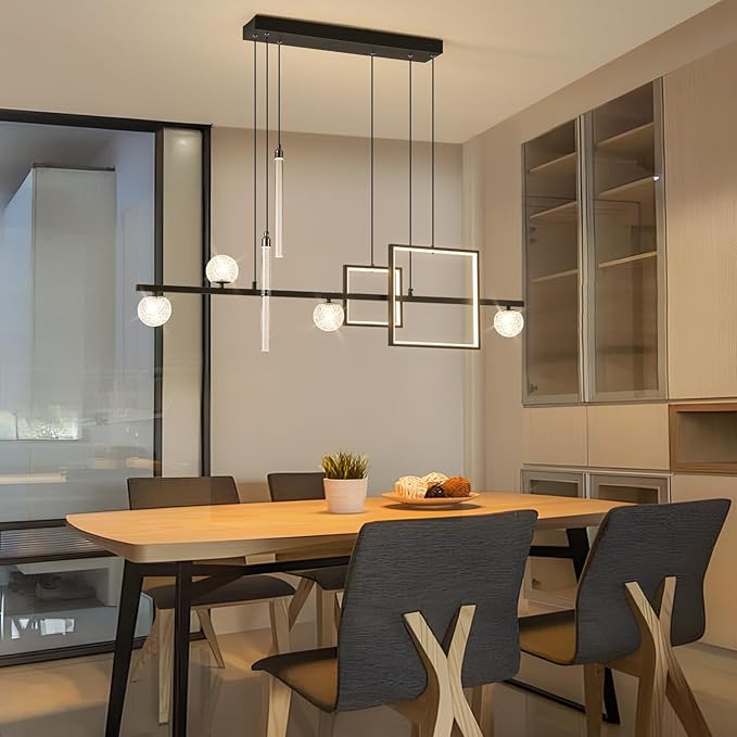 Modern LED Pendant Lights, 47in Dimmable Linear LED Chandelier Lighting, Square Black & Gold Dining Room Hanging Light Fixtures Kitchen Island Globe Pendant Light for Dining Table (4200lm)
