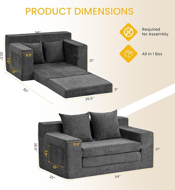 Boneless Couch,Boneless Loveseat Sleeper Sofa Bed – 3-in-1 Convertible Couch Bed with Side Pockets & Handle,Pull Out Futon for Small Space,Living Room & Bedroom,2 Pillows Included,No Assembly