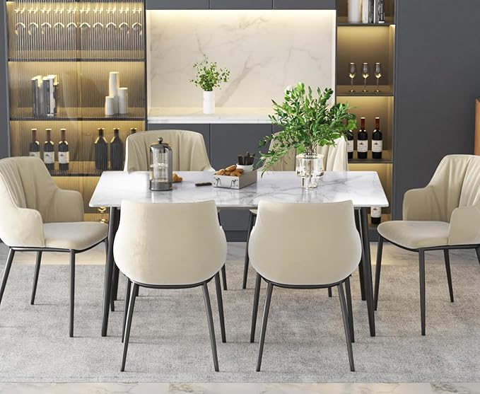 55" Modern Dining Table, Sintered Stone Dinning Table for 4-6 Peoples, Sintered Stone Dining Tabletop with Metal Legs, White Marble Dining Table for Dining Room, Backyard Heat Resistant（55.1"x31.5"
