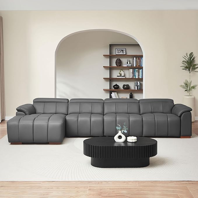 KEIKI 145" L-Shaped Genuine Leather Wall-Hugger Reclining Sofa with Left Chaise, Adjustable Backrest & Footrest, Modern Style Electric Control 4-Seater Couch with USB, for Living Room, Dark Grey
