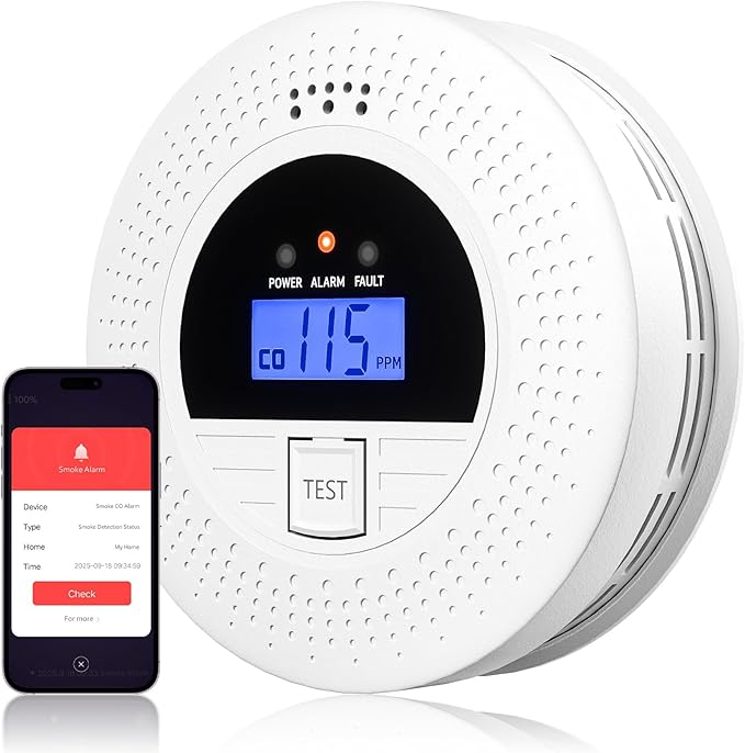 WiFi Carbon Monoxide & Smoke Detector 2-in-1 with Clear Display, Battery Powered, 85dB Warning, Test Button, Portable,Perfect for Bedroom,Living Room,RV, Essential for Family