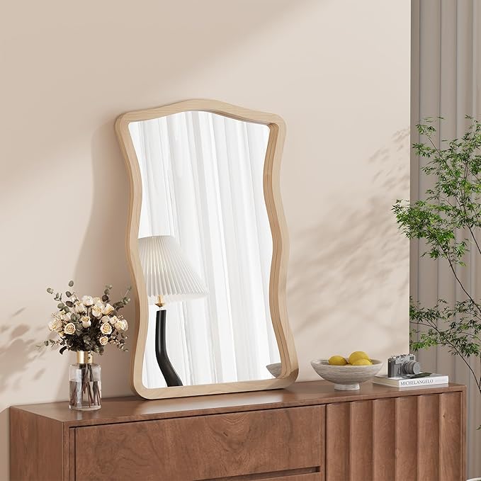 ULIKE Wavy Wall Mirror for Bathroom, 24x36 Wood Frame Mirror for Over Sink, Rustic Wall Mirrors Decorative and Vanity Mirrors for Bedroom Living Room Entryway, Natural