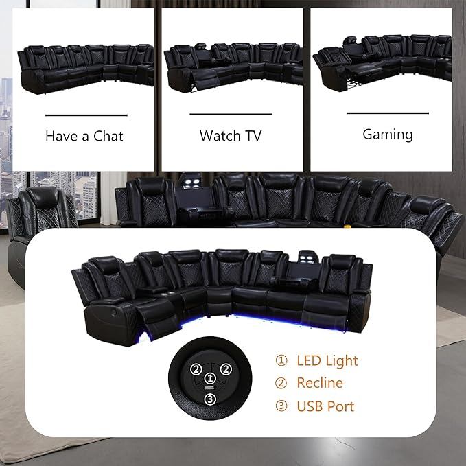 Power Recliner Sectional Sofa with LED, Breathing Leather Reclining Sectional Couch, L Shaped Couch with Dual Recliners, USB Port, Cup Holder&Storage (Black, Sectional+Loveseat(8 Seats))