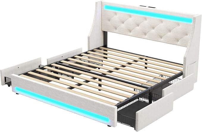 Rolanstar Twin Bed Frame with LED Lights and Charging Station, Upholstered Bed with Drawers, Wooden Slats, Noise Free, Easy Assembly, Beige