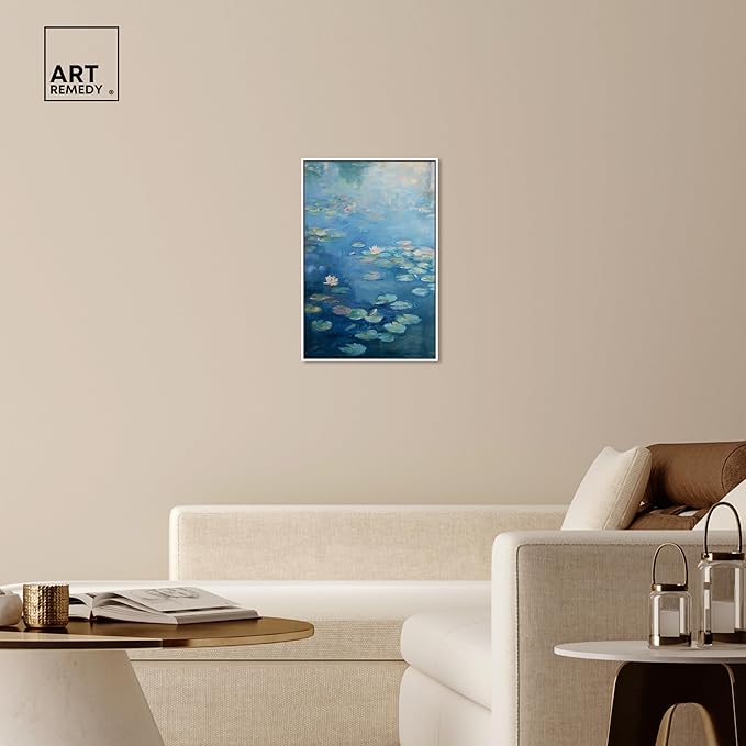 Art Remedy Lilypads In Blues Framed Impressionism 1 Piece Canvas Wall Art/Monet And Van Gogh Inspired Art, 21" x 31", White Frame