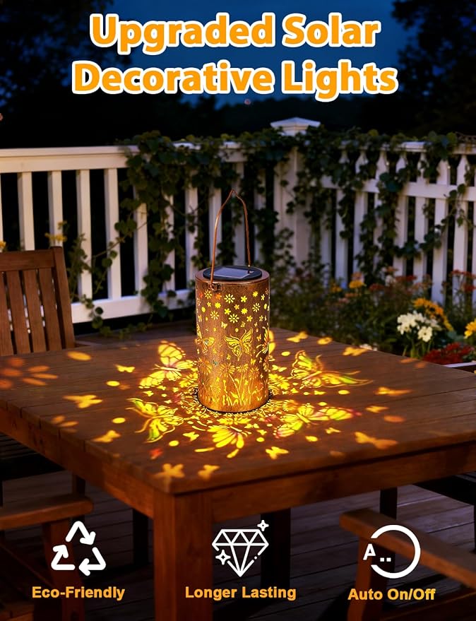 Butterfly Solar Lanterns Outdoor Waterproof, Metal Lantern Garden Lights with Color Projection, Garden Decor Gifts for Mom Women Mother Grandma, Hanging Solar Lights for Yard Porch Patio (Butterfly)