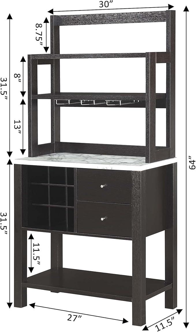 Convenience Concepts Newport Serving Bar Cart 31" - Modern Storage Bar Cabinet with Drawers, Wine Rack for Kitchen, Dining Room, Black Faux Marble/Espresso