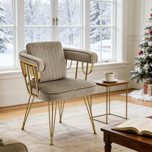 Makeup Vanity Chair with Gold Back No Wheels, Accent Velvet Desk Chairs with Extra Lumbar Pillow for Girls Bedroom Dressing Room Nail Salon Living Room, Greyish Brown