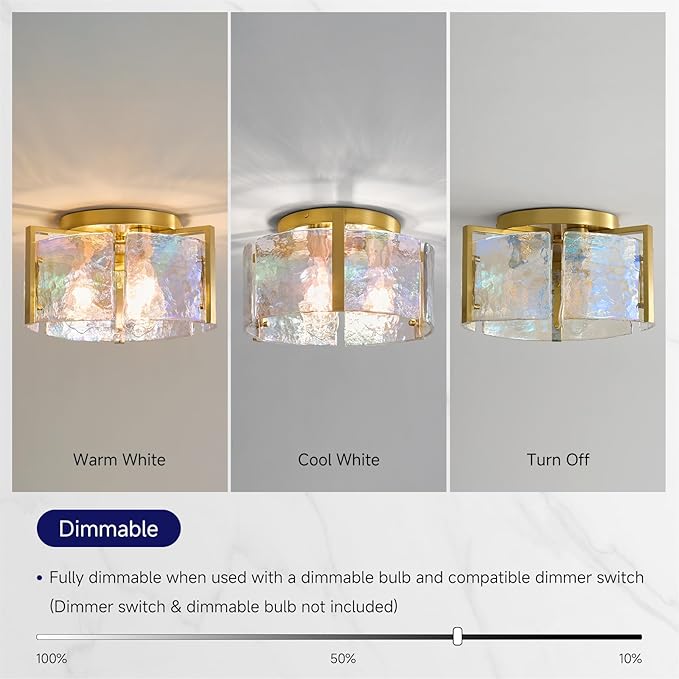 Gold Flush Mount Ceiling Light Fixture: 14.1'' Glass Semi Ceiling Light Fixtures - Mid Century Drum Kitchen Entryway Foyer Lighting - Modern Lights for Living,Dining Room Hallway Bathroom Bedroom