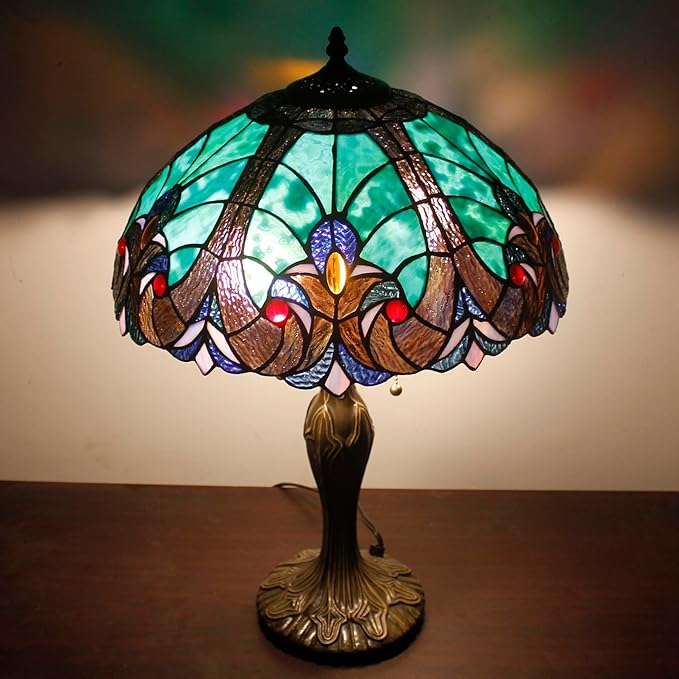 WERFACTORY Tiffany Style Lamp Green Liaison Stained Glass Bedside Table Lamp 16X16X24 Inches Desk Light Metal Base Decor Bedroom Living Room Home Office S160G Series Teal Purple