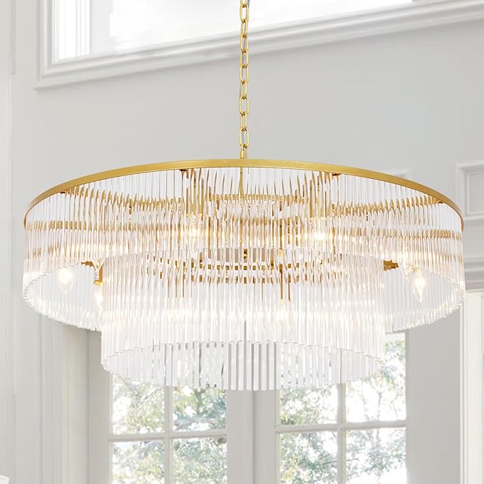 Gold Glass Chandelier Lighting Modern, 10 Light 2 Tier High Ceiling Chandelier Fixture Foyer Dining Room Ceiling Hanging Pendant Lighting Living Room 32"