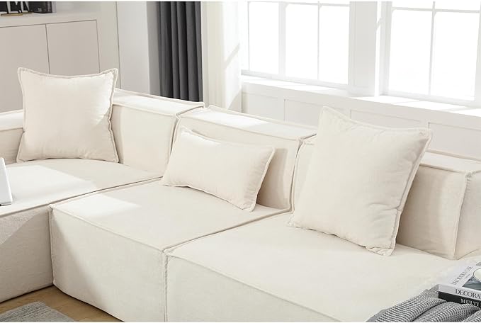 Ball & Cast 129" Tofu Block Modular Sofa Set with Left-Hand Facing Chaise,Modern Sectional Couch W/Square Armrest & Pillows,Free Combination,Italian Minimalist Style,for Livingroom,Beige Terrycloth