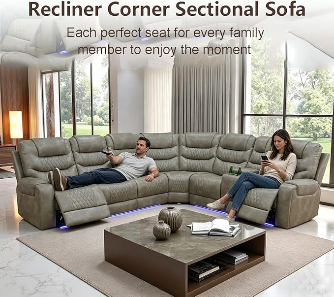 Power Recliner Sectional Sofa with LED Light for Living Room, Grey Air Leather Reclining Sofa Corner Sectional Couches Set, Cup Holder, Storage Console for Home Theater Seating, Grey