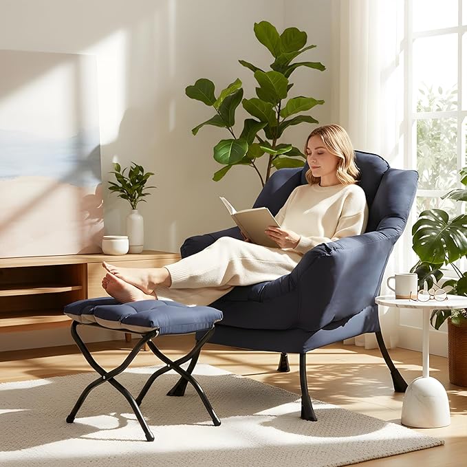 Lazy Chair with Ottoman, Modern Lounge Chair with Lumbar Pillow, Accent Cozy Reading Armchair and Folding Footstool for Bedroom, Dorm, Living Room,Navy