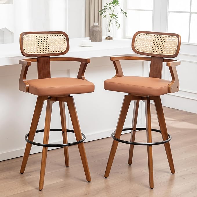 Set of 2 Counter Height Bar Stools - 27 inch Swivel Counter Stools with Walnut Craftsmanship, Cane Back, Upholstered Faux Leather, Kitchen Island Stools for Island/Pub/Kitchen (27" Seat Height, Brown)