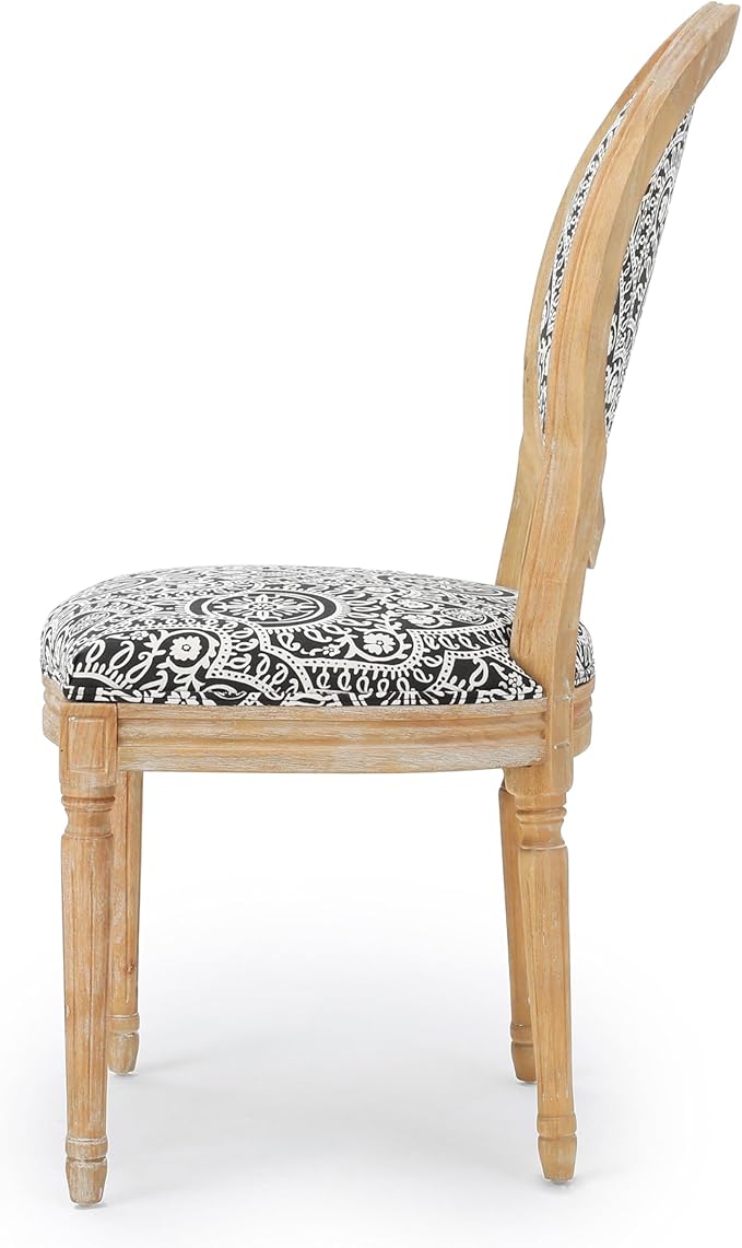 Christopher Knight Home Hulda French Country Fabric Dining Chairs (Set of 4), Black and White Pattern, Natural