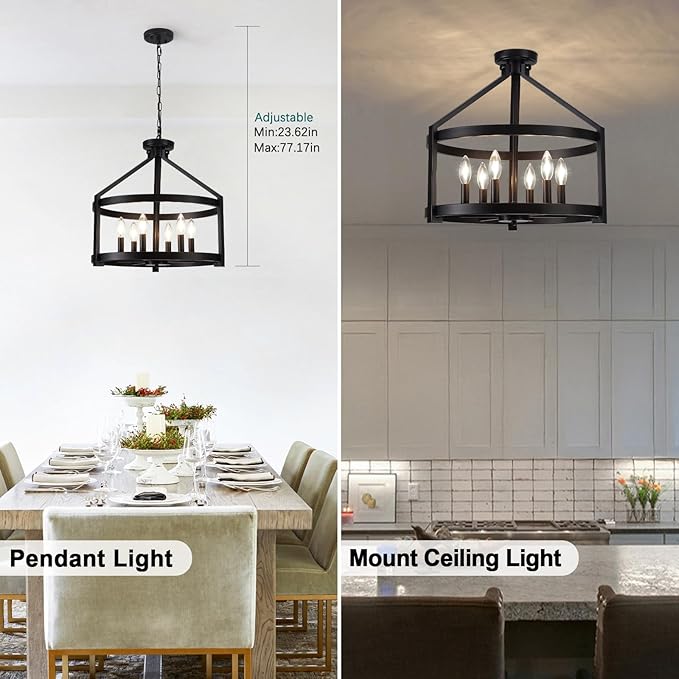 Black Farmhouse Chandelier for Dining Room,6-Light Modern Hanging Drum Chandeliers,20" Rustic Convertible Semi Flush Mount Ceiling Pendant Light Fixture for Kitchen Island Foyer Entryway Bedroom