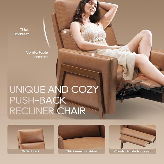 COLAMY Push Back Recliner Chair, Upholstered Leather Recliner with Footrest 118-150 Degree Adjustable, Comfy Modern Wingback Recliner for Living Room, Bedroom,Small Spaces,Cocoa