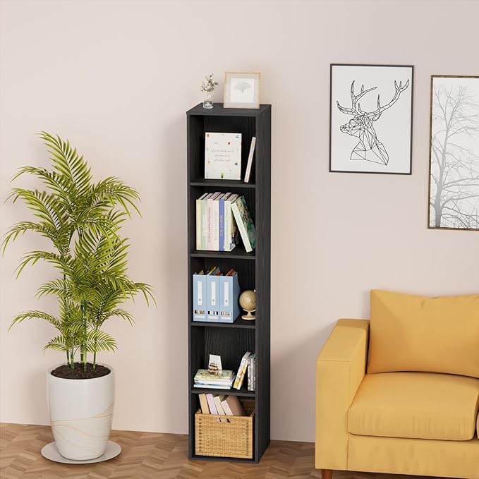 5 Tier Bookshelf, Open Tall Narrow Floor Standing Bookcase, Wooden Book Shelf Display Organizer for Home Office, Study (Black, 5 Cube)