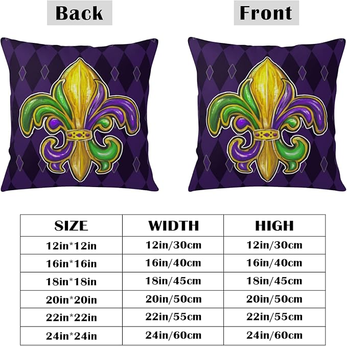 Mardi Gras Pillow Covers 18x18 Set of 2 Fleur De Lis Decorative Throw Pillows Purple Green Gold Outdoor Decorative Holiday Pillow Cases for Porch Sofa Couch Party Decor