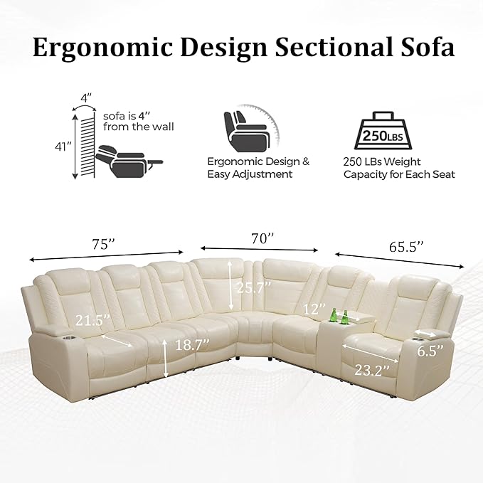 Power Recliner Sectional Sofa with LED Light, Breathing Leather Recliner Sofa Couch with USB Port/Cup Holder/Storage for Living Room (6 Seat Reclining Sectional Couch, Cream White)