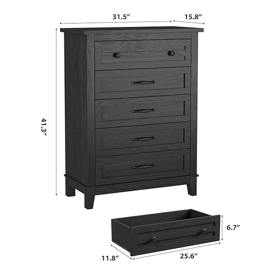 GarveeHome 5 Dresser for Bedroom, 41.3 in Tall Vertical Drawer Dresser with Large Storage, Freestanding Wooden Closet Chest for Bedroom, Living Room, Black