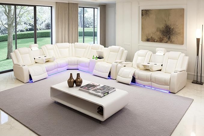 Power Recliner Sectional Sofa Set with LED Lights, Living Room Furniture Sets, L Shaped Reclining Sectional Couch and 3 Seats Sofa,Leather Couch with Coffee Table/Storage for Living Room