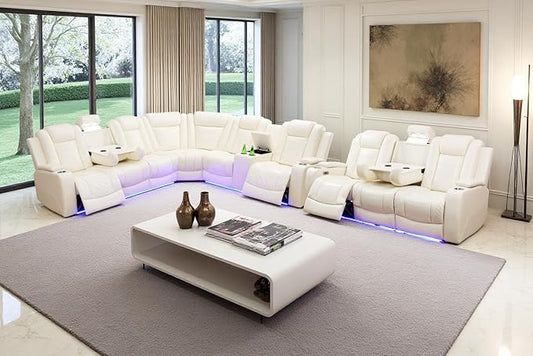 Power Recliner Sectional Sofa Set with LED Lights, Living Room Furniture Sets, L Shaped Reclining Sectional Couch and 3 Seats Sofa,Leather Couch with Coffee Table/Storage for Living Room