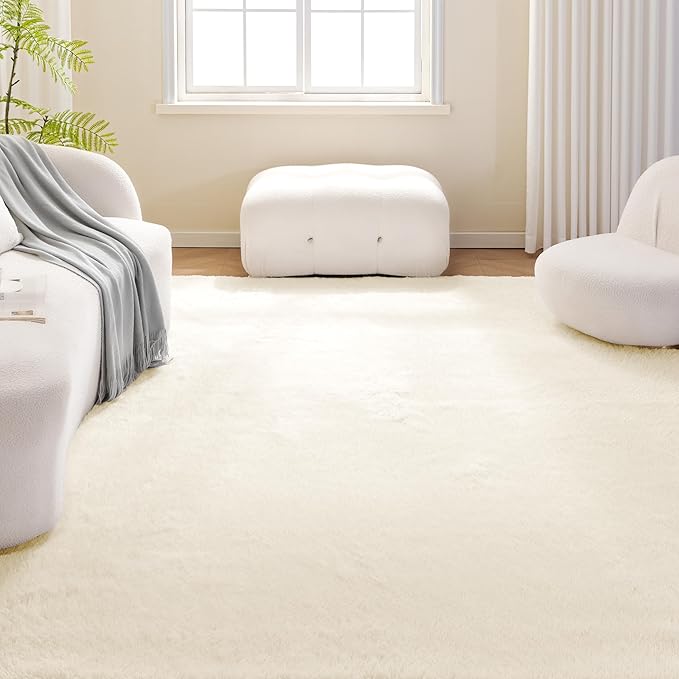 Amazon Basics Fluffy Washable Area Rug, Shaggy Carpet for Living Room, Bedroom, 4' W × 6' L, Beige