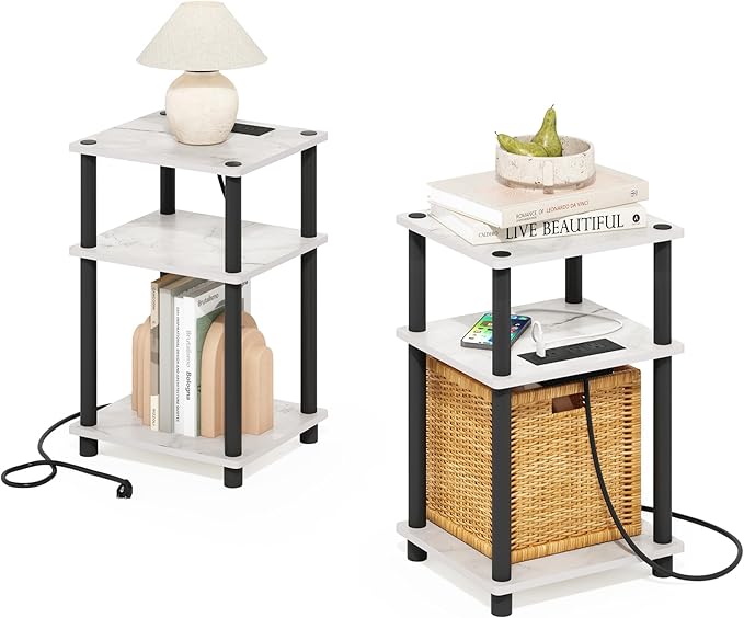 Furinno JUST Side Table Set of 2, 3-Tier Modern End Table with Charging Station, Open Shelf Night Stand, Bedside Table with USB and Type-C Charging Port, for Living Room, Bedroom, Marble White