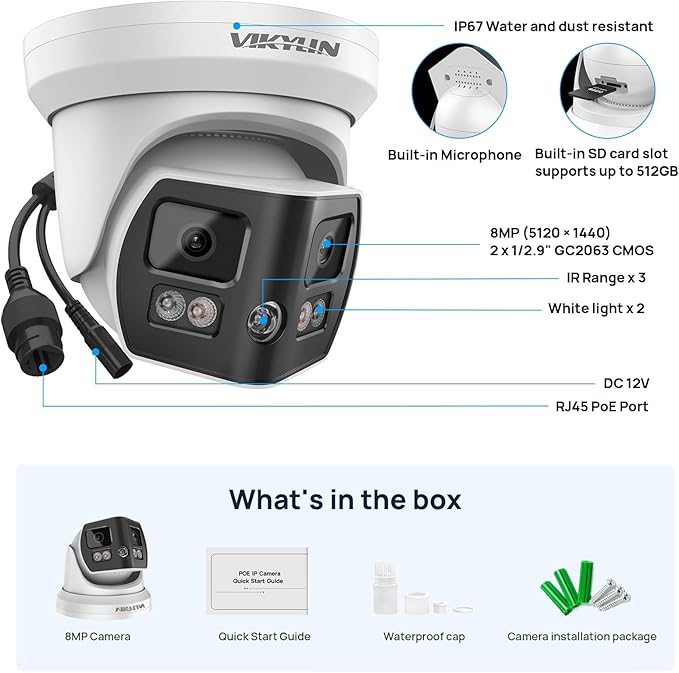 VIKYLIN 4K 8MP Dual Lens Poe IP Security Camera Outdoor with 180° Panoramic Wide Angle, Full Color/EXIR2.0 Night Vision,Human/Vehicle Detection,2-Way Talk, Micro SD(512G),IP67,Blue Iris,NDAA Compliant