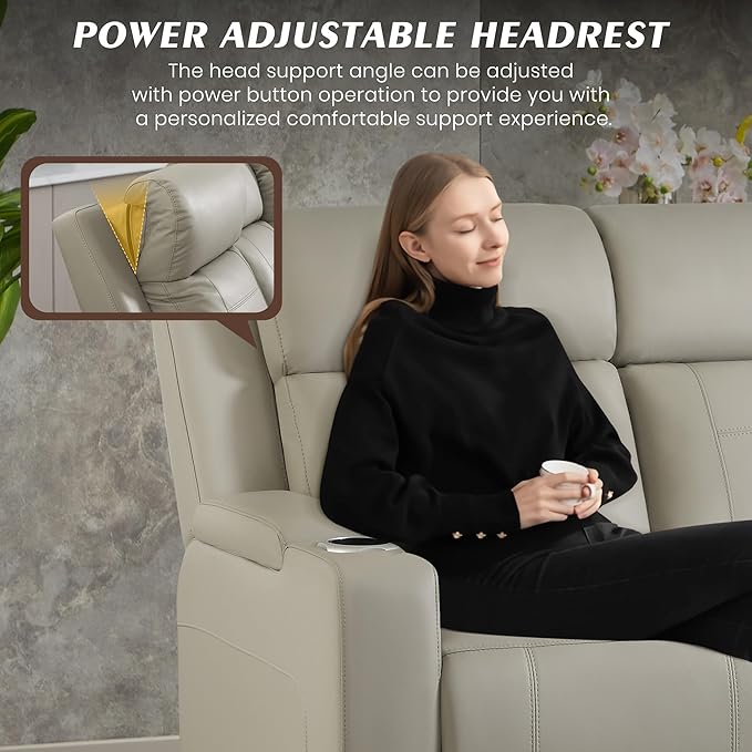 Dual Motor Power Reclining Sofa, Breathable Leather Reclining Couch with Power Headrest/LED Light/Armrest Storage, Recliner Sofa 3 Seater for Living Room (Grey, 3 Seater)