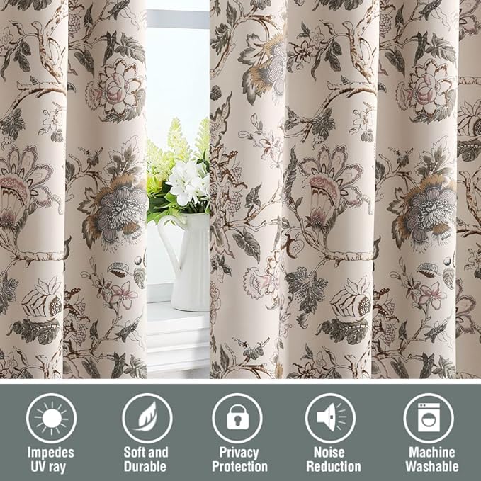 H.VERSAILTEX Blackout Curtains 96 Inch Length 2 Panels Set Floral Print Curtain Drapes for Living Room Thermal Insulated Grommet Window Curtains for Bedroom - Traditional Floral in Sage and Brown