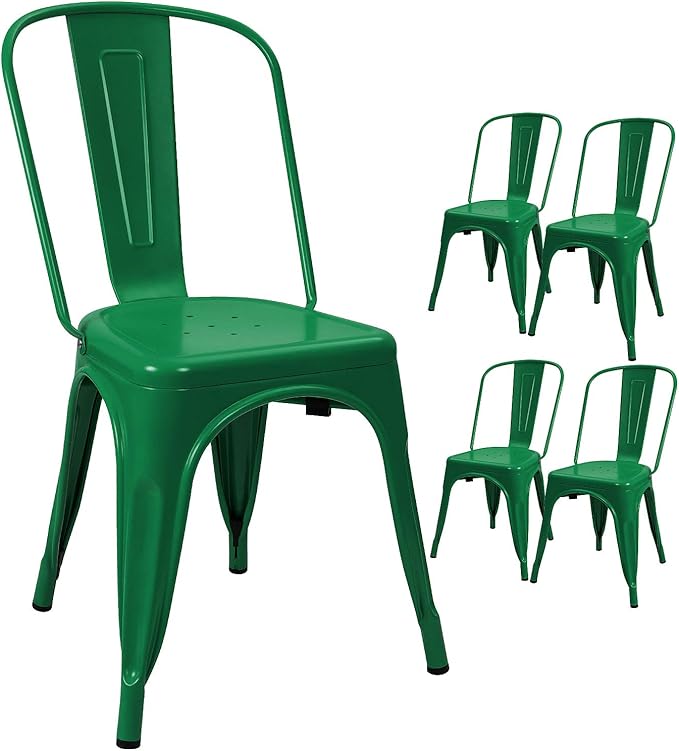 Devoko Metal Indoor-Outdoor Chairs - Distressed Style Kitchen Dining Set of 4 Stackable Side Chairs with Back (Green)