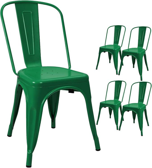 Devoko Metal Indoor-Outdoor Chairs - Distressed Style Kitchen Dining Set of 4 Stackable Side Chairs with Back (Green)