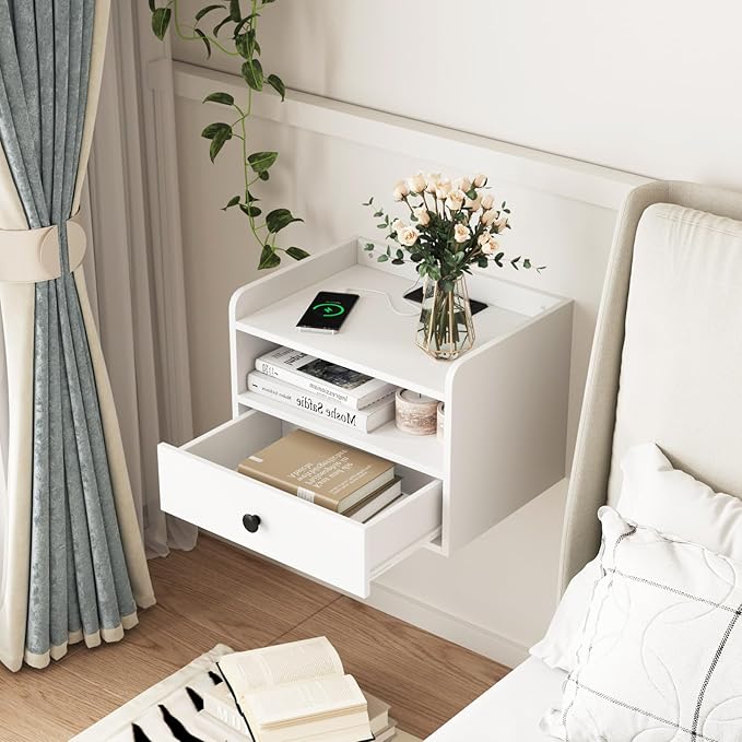 Floating Nightstand Set of 2 Modern Night Stands with Drawer and Open Shelf Cubby Small Bedside End Table with Charging Station Wall Mounted Nightstands Set 2 for Bedroom White