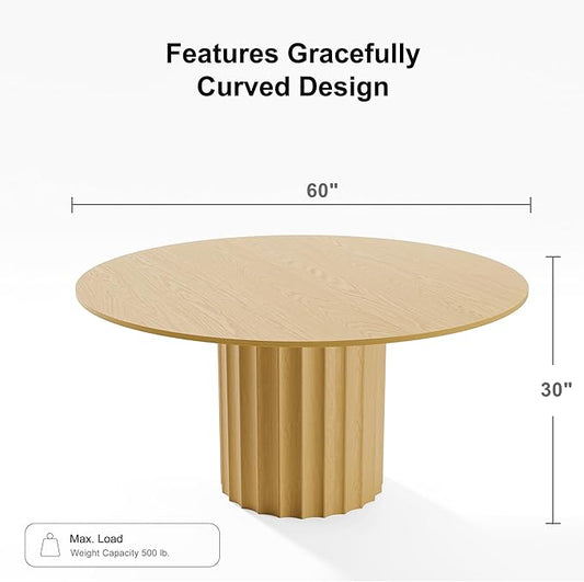 Casaphoria 60" Round Dining Table, Modern Wood Kitchen Table with Cylindrical Wide Bar Concave Base for Living Room & Dining Room, Easy Assembly Farmhouse Furniture for 4-6, Oak