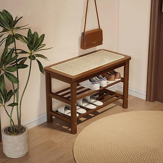 Bamboo Shoe Rack Bench with Rattan Seat, 3-Tier Shoe Storage Bench, Entryway Bench for Hallway Walnut-23.62 inches