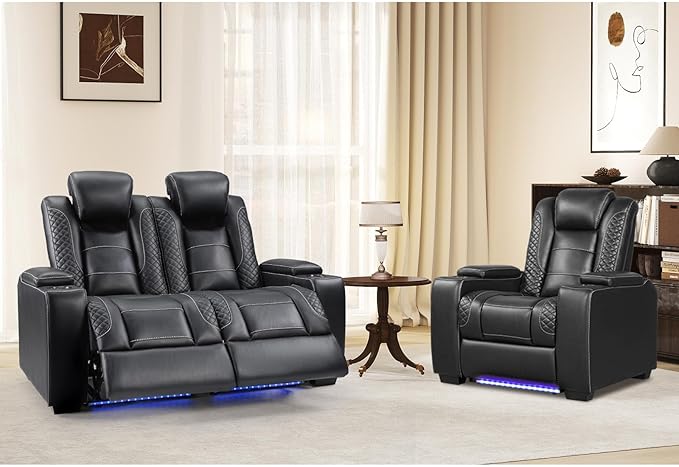 ANJ Reclining Loveseat and Power Recliner Chair with LED Lights USB Cup Holders, Faux Leather Living Room Furniture for Home Theater, Small Spaces & RV (Black)